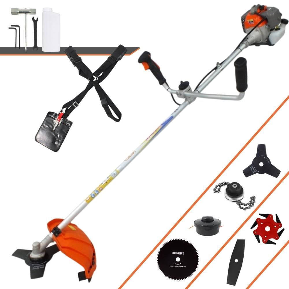 Roçadeira Multifunções Vulcan VR330P À Gasolina 2T 33cc 10.000rpm 1,2HP 6 Opções de Corte Com Facas 2 Pontas, 3 Pontas, 6 Pontas, 80 Dentes e Trimmer