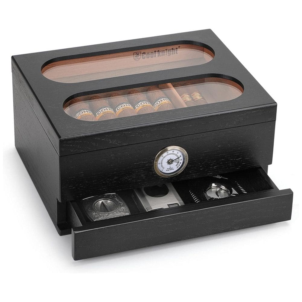 Caixa para Charutos com Controle de Umidade COOL KNIGHT, Higrômetro Frontal e Gavetas - Vidro Temperado, Umidificador Integrado