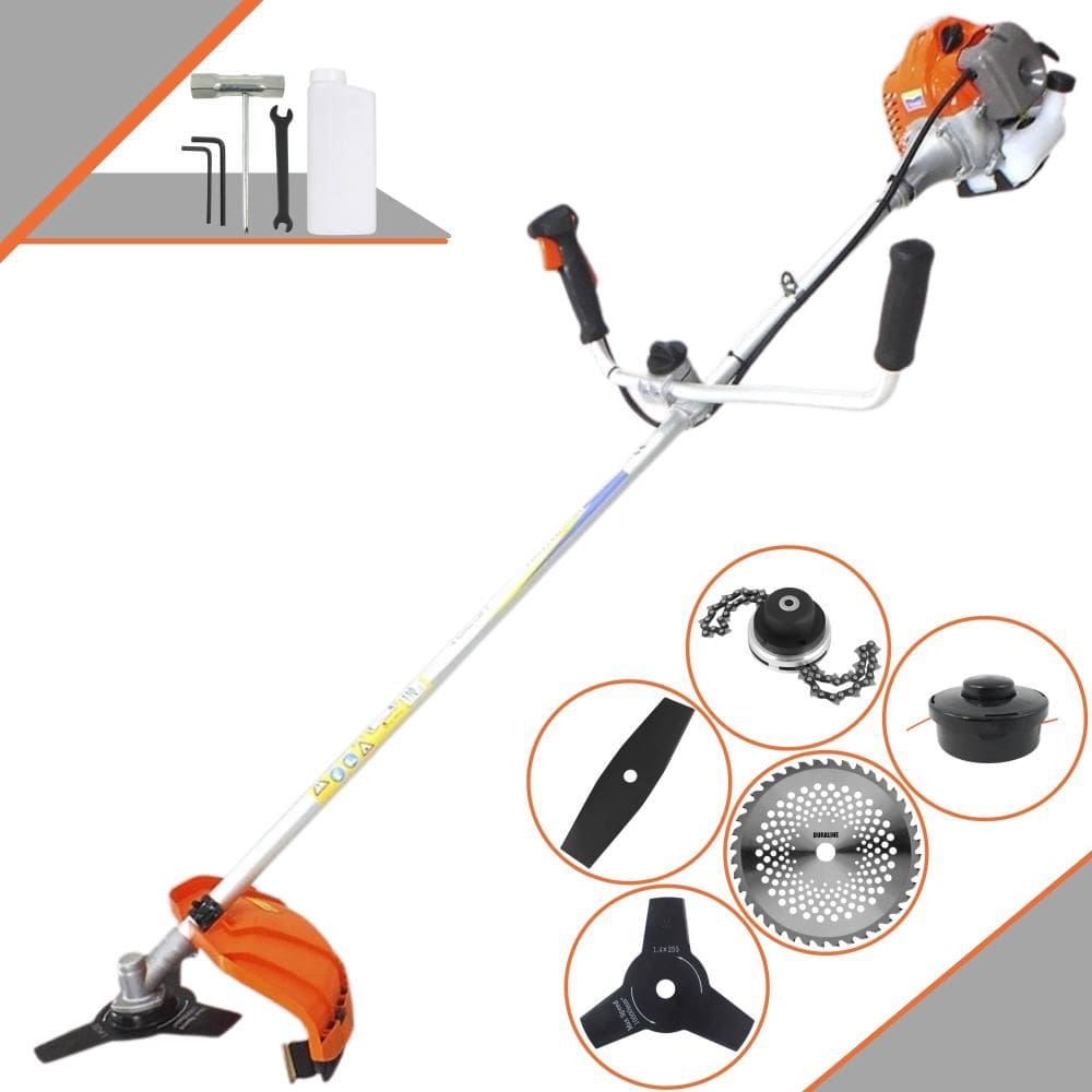 Roçadeira Completa Vulcan VR430P À Gasolina 2T 43cc 1,7HP de Potência Alta Rotação Com Guidão Antivibração Carretel de Nylon + Kit 4 Lâminas de Cortes
