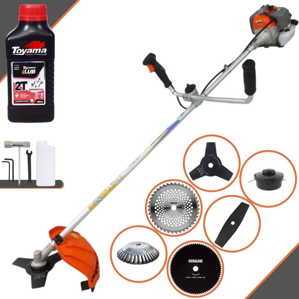 Roçadeira Vulcan VR330P À Gasolina 33cc 1,2HP 6 Em 1 Com Carretel + Faca 2 Pontas, 3 Pontas, 40 Dentes e 80 Dentes + Escova de Aço + ÓLEO TOYAMA FG50