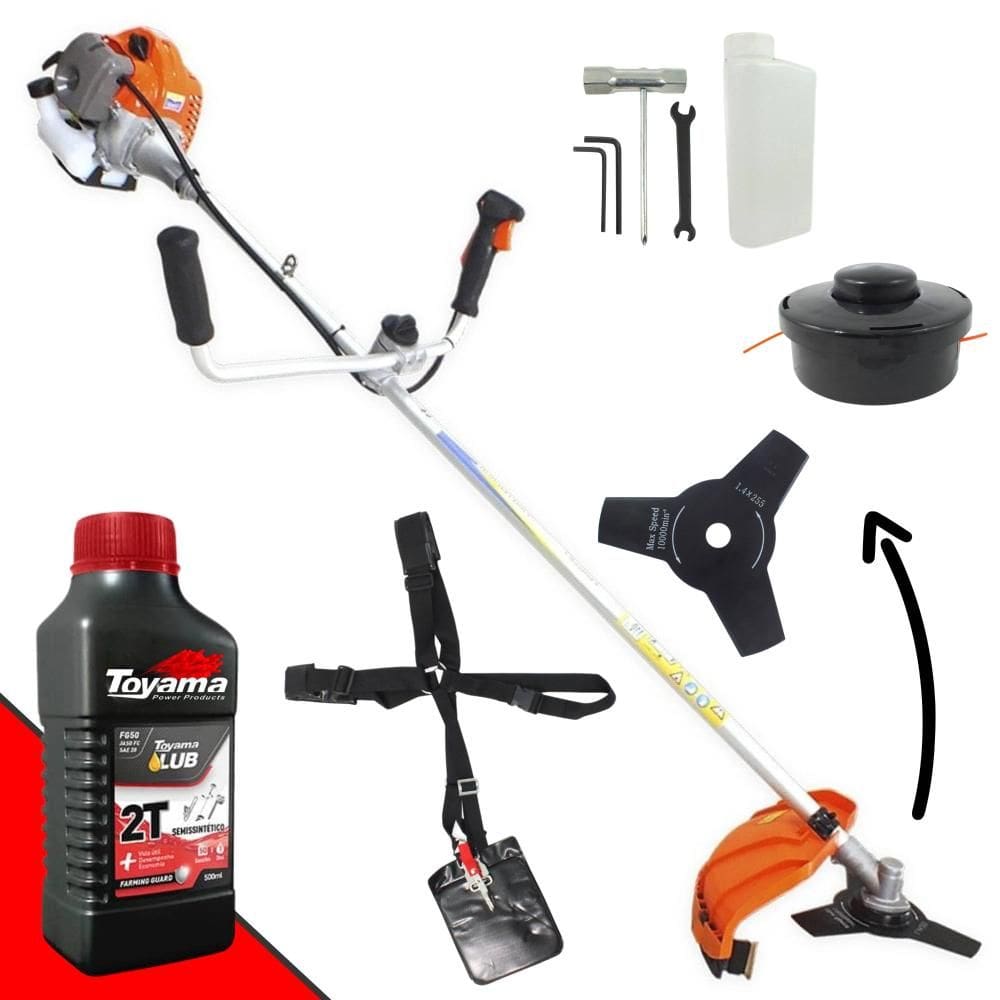 Roçadeira Multifuncional Vulcan VR430-P À Gasolina 43cc 1,7HP 10.000rpm 2 Opções de Corte Com Lâmina 3 Pontas + Carretel de Nylon + ÓLEO TOYAMA 2T