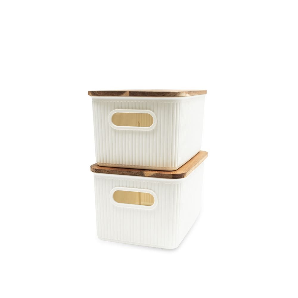 kit 2 caixas organizadoras 6L com tampa de madeira acácia multiuso - oikos
