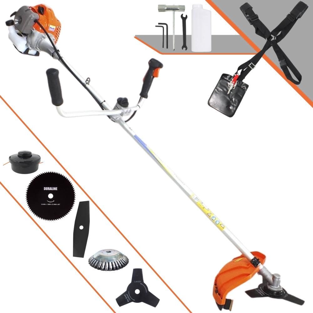 Roçadeira Robusta Vulcan VR430P À Gasolina 43cc 1,7HP 5 Opções de Corte Com Guidão Antivibração Facas 2 Pontas, 3 Pontas, 80 Dentes, Escova e Carretel