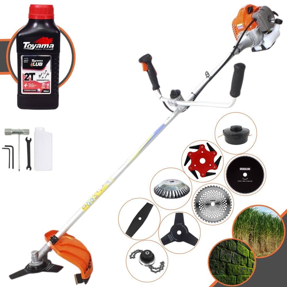 Roçadeira Vulcan VR430P À Gasolina 2T 43cc 1,7HP 10.000rpm Completa Com Guidão Antivibração Carretel de Nylon + 7 Lâminas de Corte + ÓLEO TOYAMA FG50