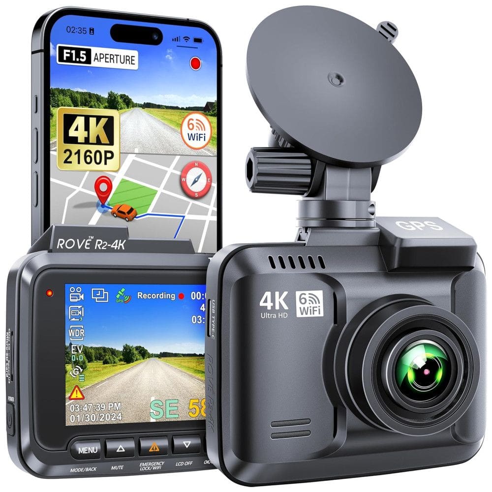 Câmera Veicular Full HD 2160p, com Visão Noturna, GPS, Gravação Ultra HD, Wi Fi, ROVE R2 4K, Preto