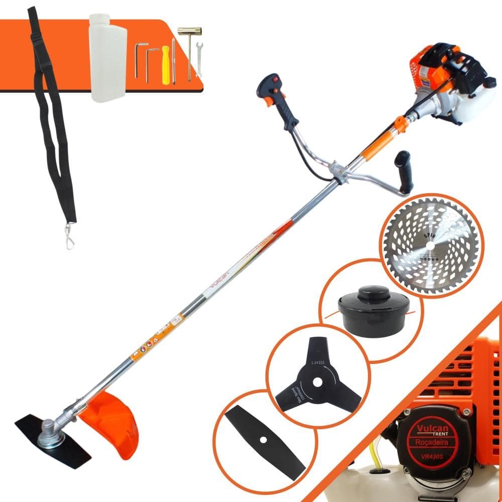 Roçadeira Máquina de Corta Grama À Gasolina Vulcan VR430S 2T 43cc 1,7HP 10.000rpm + Lâmina Facão + Lâmina 3 Pontas + Lâmina 40 Dentes + Carretel Nylon