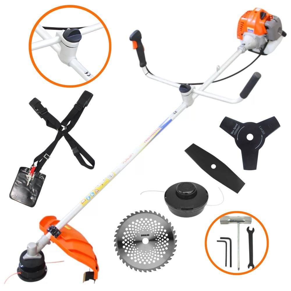 Aparador de Grama Completo Vulcan VR430P À Gasolina 2 Tempos 43cc 10.000rpm 1,7HP de Potência Roçadeira Com Kit 3 Lâminas de Corte e Cabeçote de Nylon