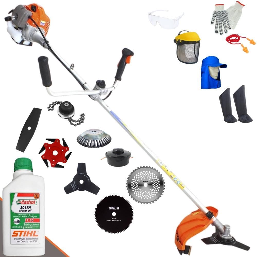 Roçadeira Vulcan VP430P 1,7HP 43cc + Facas 2 Pontas, 3 Pontas, 6 Pontas, 40 Dentes Vídea, 80 Dentes, Trimmer, Carretel e Escova + EPI + ÓLEO STIHL 2T