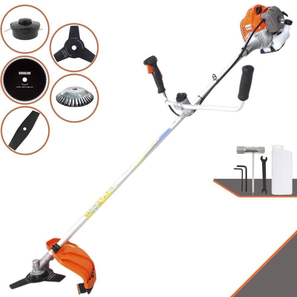 Roçadeira À Gasolina Vulcan VR430P 2T 43cc 10000rpm 1,7HP 5 Opções de Corte Com Facas 2 Pontas, 3 Pontas, 80 Dentes, Escova de Aço e Carretel de Nylon