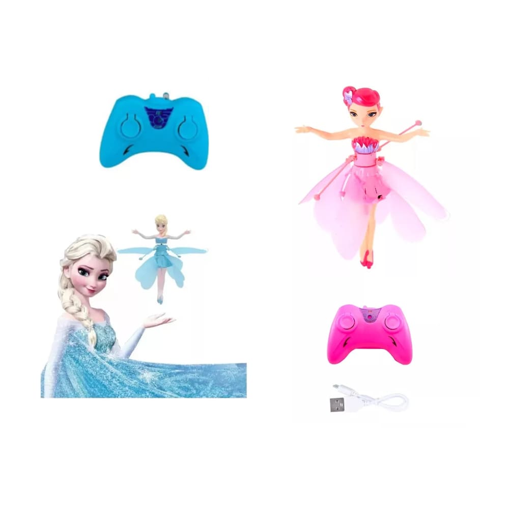Kit 2 Boneca Fada Voadora Controle Voa de Verdade Azul Rosa
