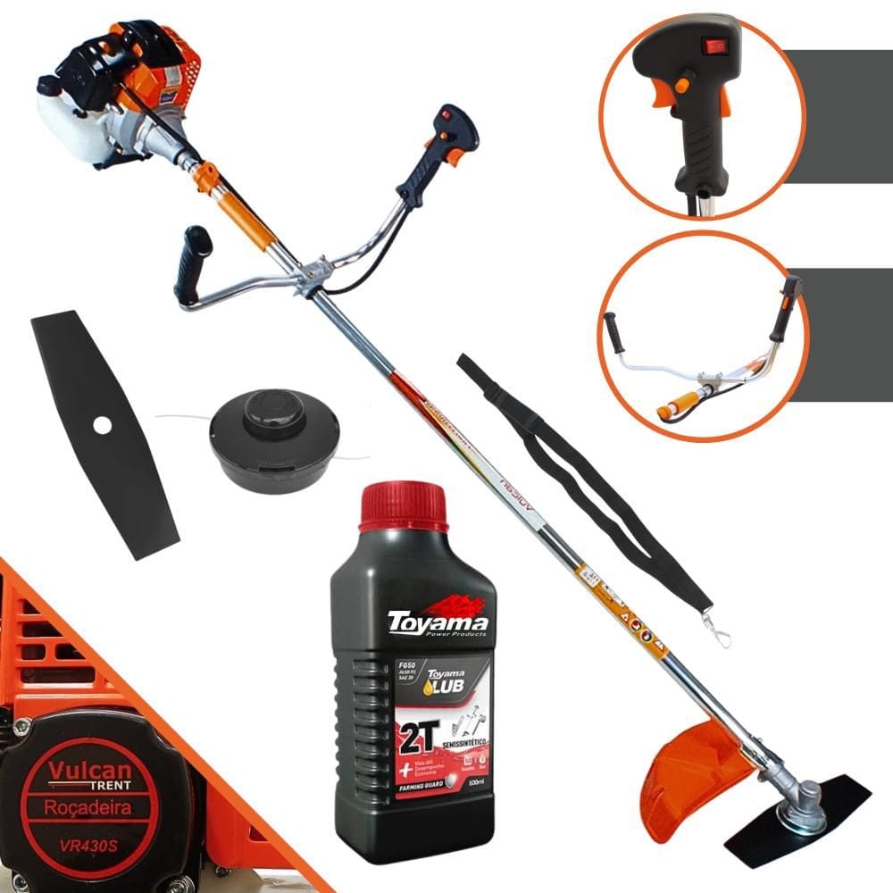 Aparador de Grama Lateral Vulcan VR430-S À Gasolina 43cc 1,7HP 10.000rpm Roçadeira Completa Com Carretel de Nylon + Lâmina 2 Pontas + ÓLEO TOYAMA FG50