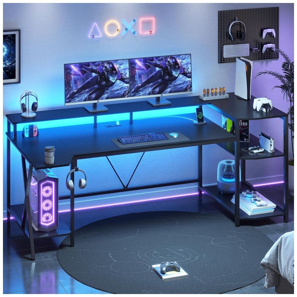 Mesa Gamer 70.8” 180 cm com Luz LED, Porta-Copos, Suporte para Monitor, Prateleiras de Armazenamento e Tomadas, 110V, SEDETA