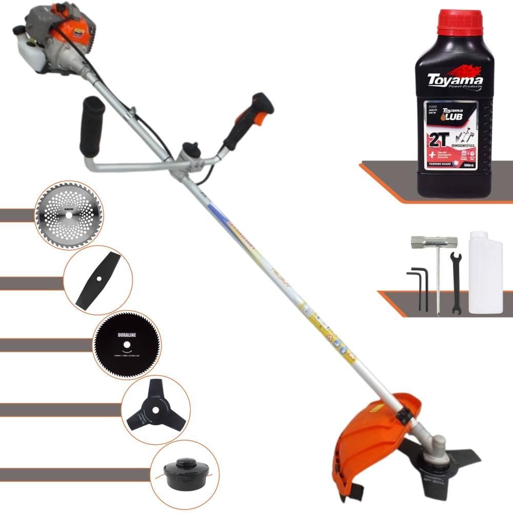 Roçadeira Robusta Vulcan VR330P À Gasolina 33cc Com Carretel + Faca 2 Pontas + Faca 3 Pontas + Faca 40 Dentes Vídea + Faca 80 Dentes + ÓLEO TOYAMA 2T