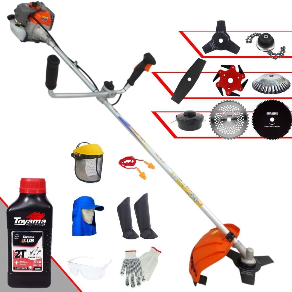 Roçadeira Lateral Vulcan VR330-P À Gasolina 33cc 1,2HP Para Todos os Tipos de Trabalho Com Carretel + Kit de 7 Opções de Cortes + EPI + ÓLEO TOYAMA