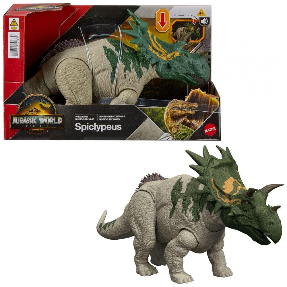 Brinquedo Mattel Jurassic World Rebirth Wild Roar Dinosaur Toy, Figura Articulada Spiclypeus com Ataque de Cabeçada Controlada pela Cauda