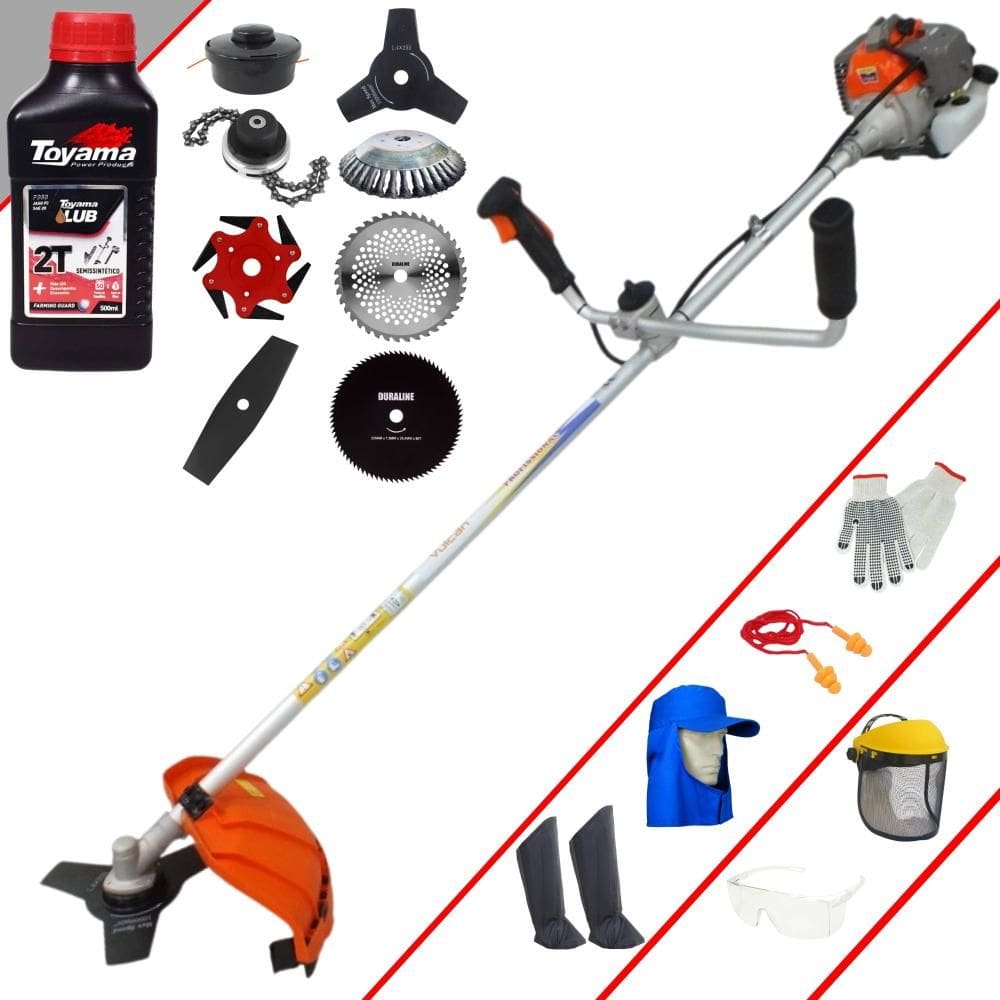 Roçadeira VR330P Vulcan 33cc C/ Carretel Nylon + Facas 2 Pontas, 3 Pontas, 6 Pontas, 40 Dentes, 80 Dentes, Trimmer e Escova de Aço + EPI + ÓLEO TOYAMA