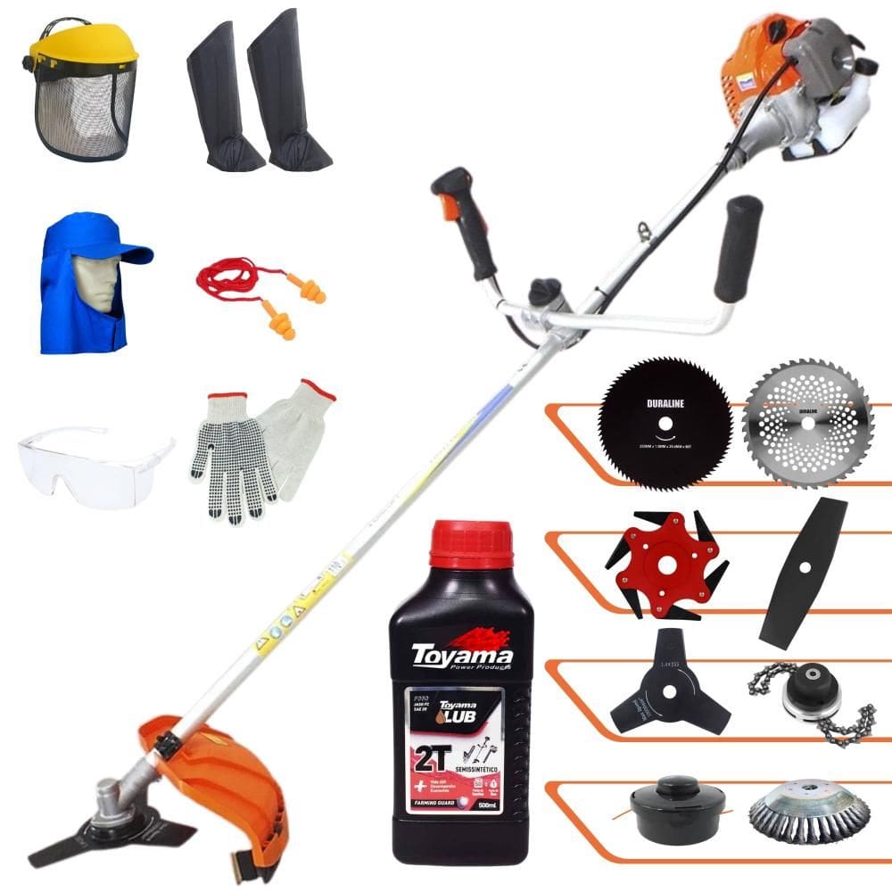 Roçadeira Lateral Vulcan VR430-P À Gasolina 43cc 1,7HP Para Todos os Tipos de Trabalho Com Carretel + Kit de 7 Opções de Cortes + EPI + ÓLEO TOYAMA