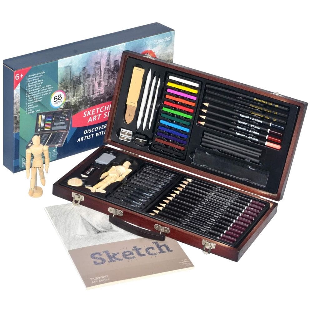 Kit Lápis de Cor com Maleta de Madeira 58 peças Tintas Acrílicas, Aquarela, TYPECHO 44main, Marrom