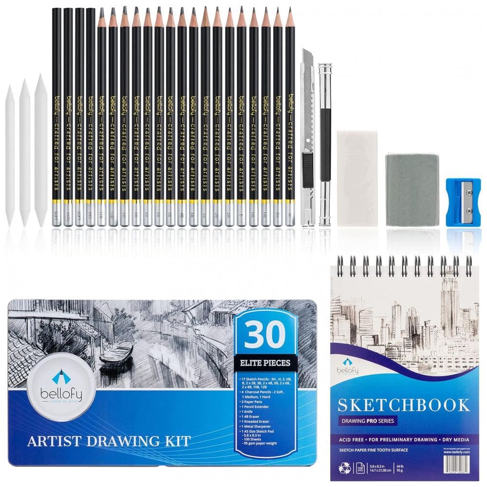 Kit Lápis de Cor com Estojo 30 peças Tintas Acrílicas, Aquarela, BELLOFY P02C, Preto