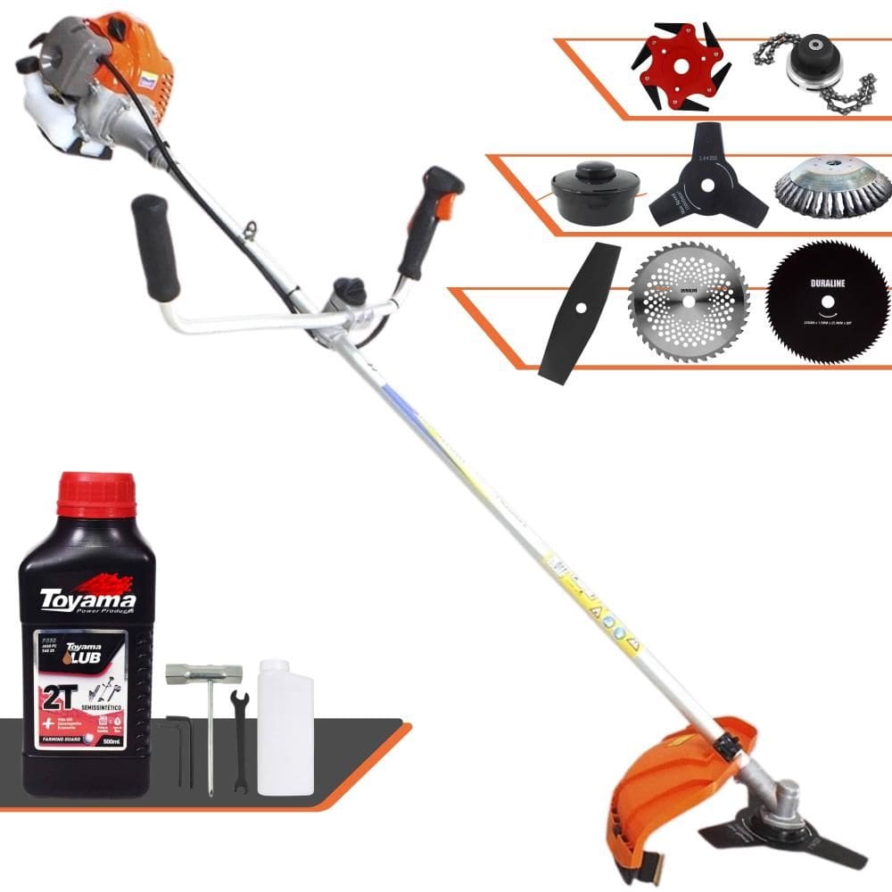 Roçadeira Vulcan VR430P 43cc Com Carretel + Facas 2 Pontas, 3 Pontas, 6 Pontas, 40 Dentes de Vídea, 80 Dentes, Trimmer e Escova de Aço + ÓLEO TOYAMA