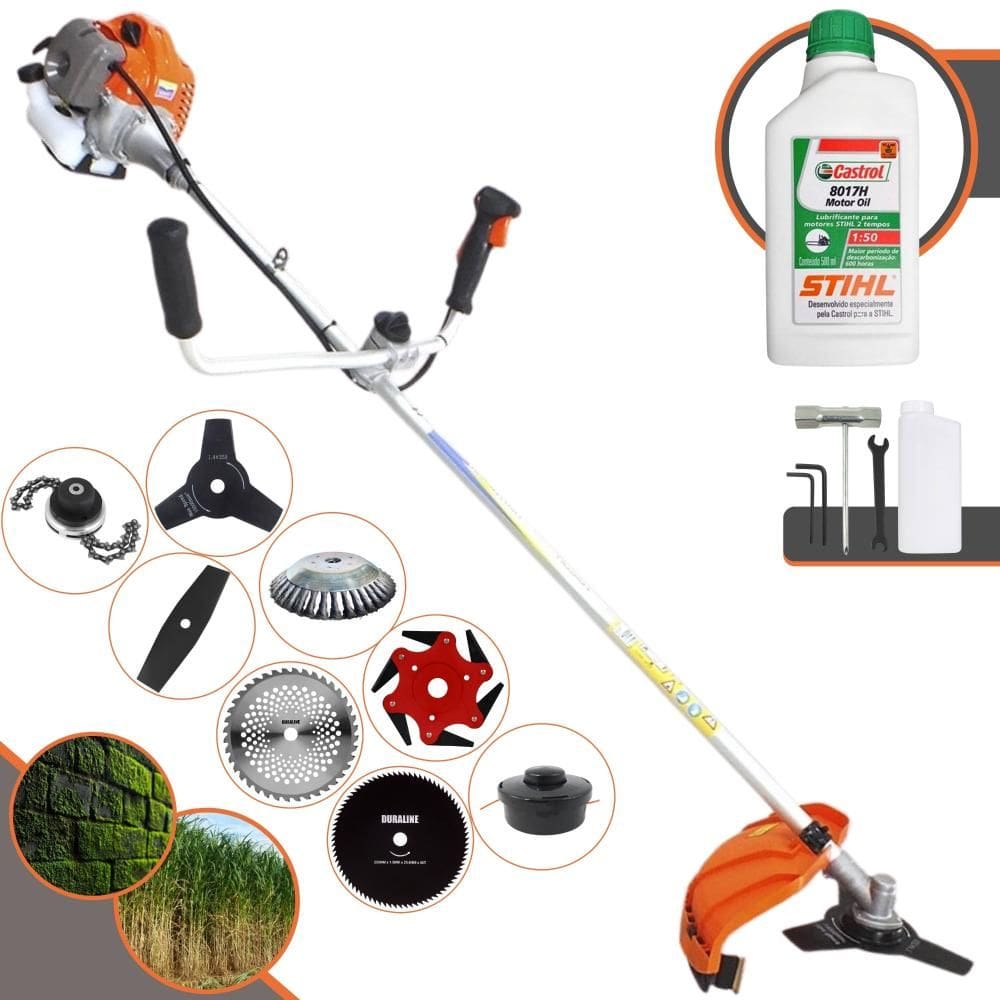 Roçadeira Vulcan VR430P 43cc 1,7HP Com Carretel + Facas 2 Pontas, 3 Pontas, 6 Pontas, 40 Dentes, 80 Dentes, Trimmer, Escova de Aço + ÓLEO STIHL 2T