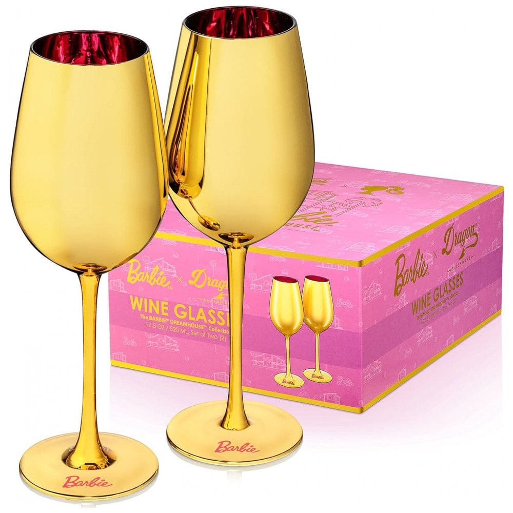 Kit de Taças para Vinho da Barbie, 500 mL Ouro com Vidro de Cristal Rosa, 2 Un, Dragon Glassware