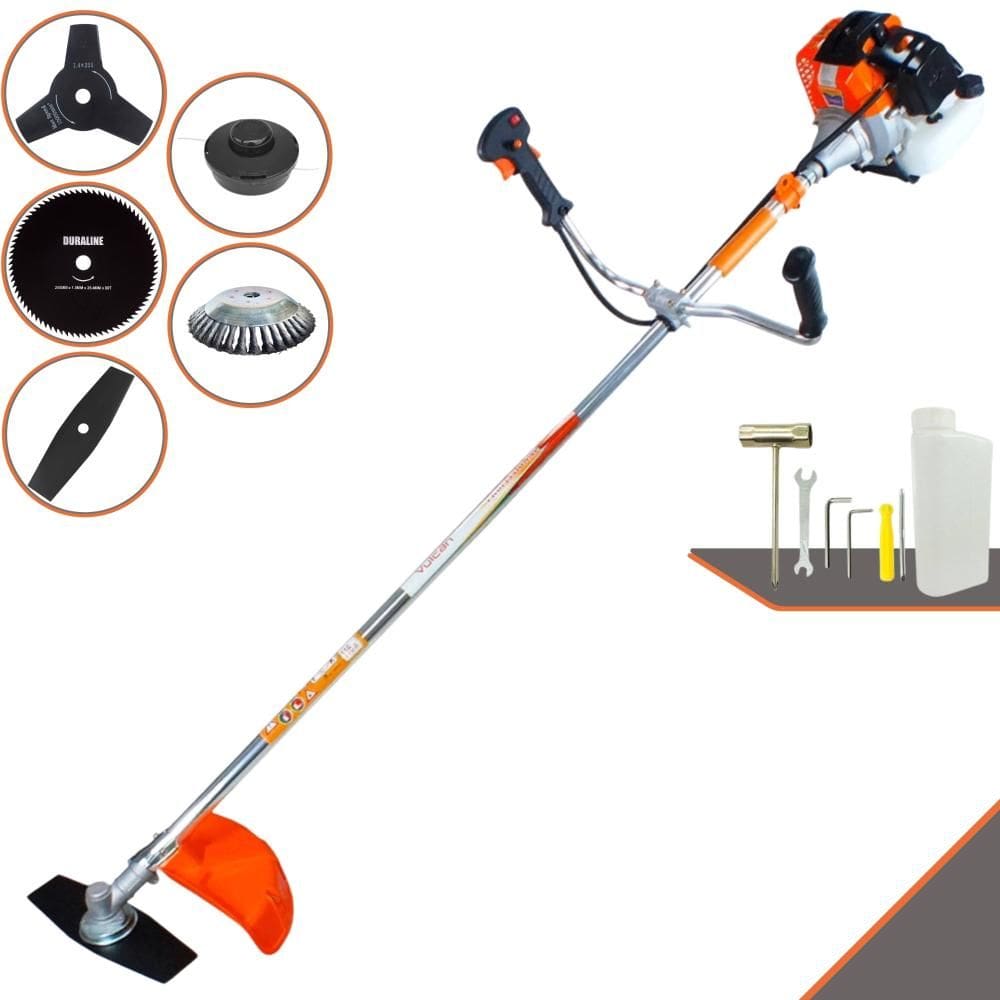 Roçadeira Vulcan VR430S 43cc 10.000rpm 1,7HP de Potência Multifunções Com Carretel e Faca 2 Pontas + Faca 3 Pontas + Faca 80 Dentes + Escova de Aço