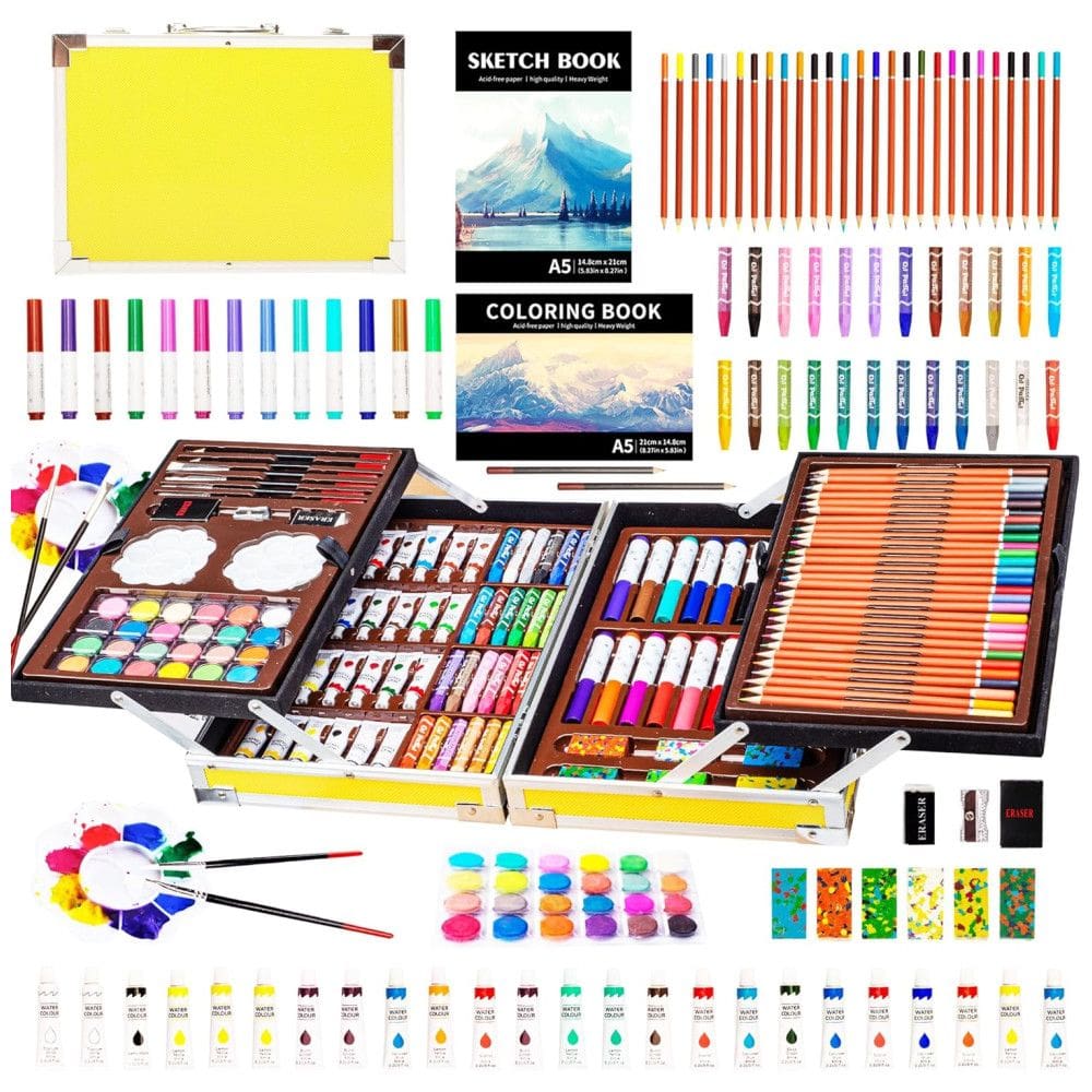 Kit Lápis de Cor com Maleta de Madeira 142 peças Tintas Acrílicas, Aquarela, KINSPORY L137, Amarelo