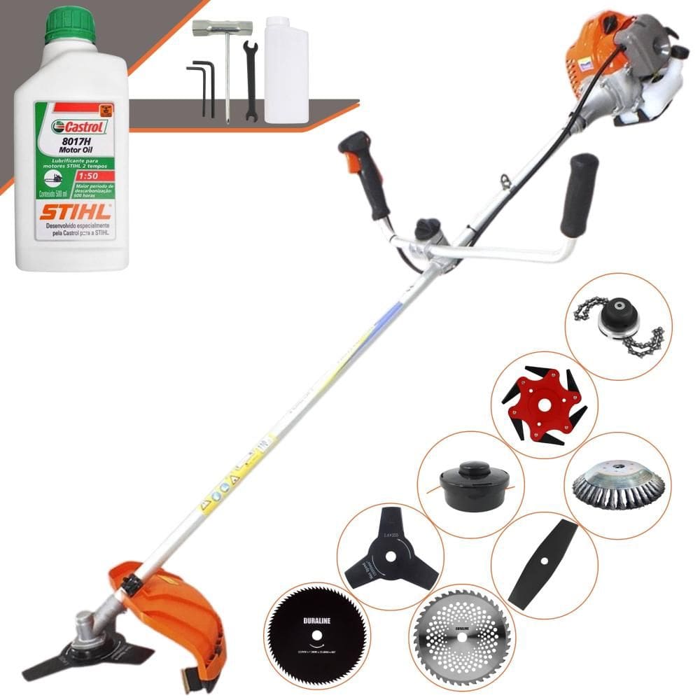 Roçadeira Vulcan VR430P 43cc Com Carretel + Facas 2 Pontas, 3 Pontas, 6 Pontas, 40 Dentes de Vídea, 80 Dentes, Trimmer, Escova de Aço + ÓLEO STIHL 2T