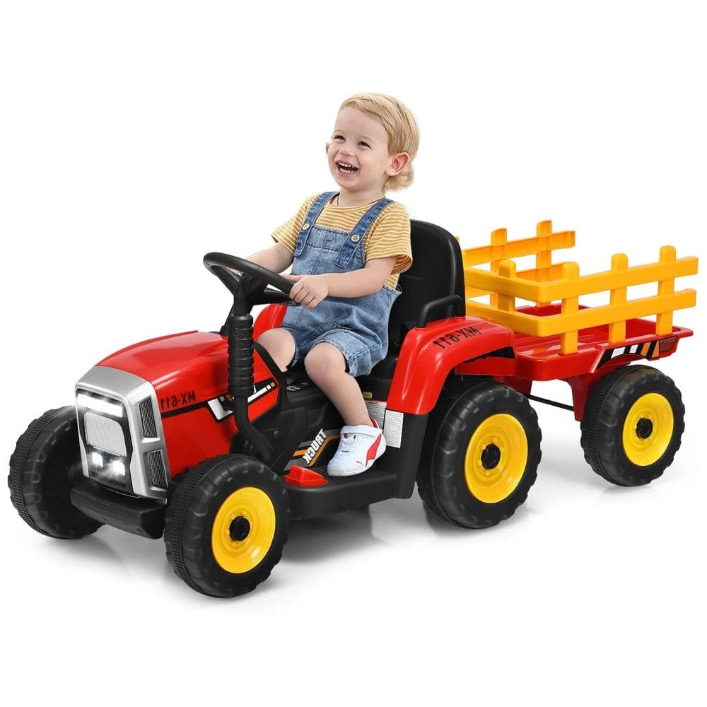 Trator Elétrico Infantil 2 em 1 com Reboque, Controle Remoto, Câmbio de 3 Marchas, Música, USB e Bluetooth, 12V, Olakids, Vermelho