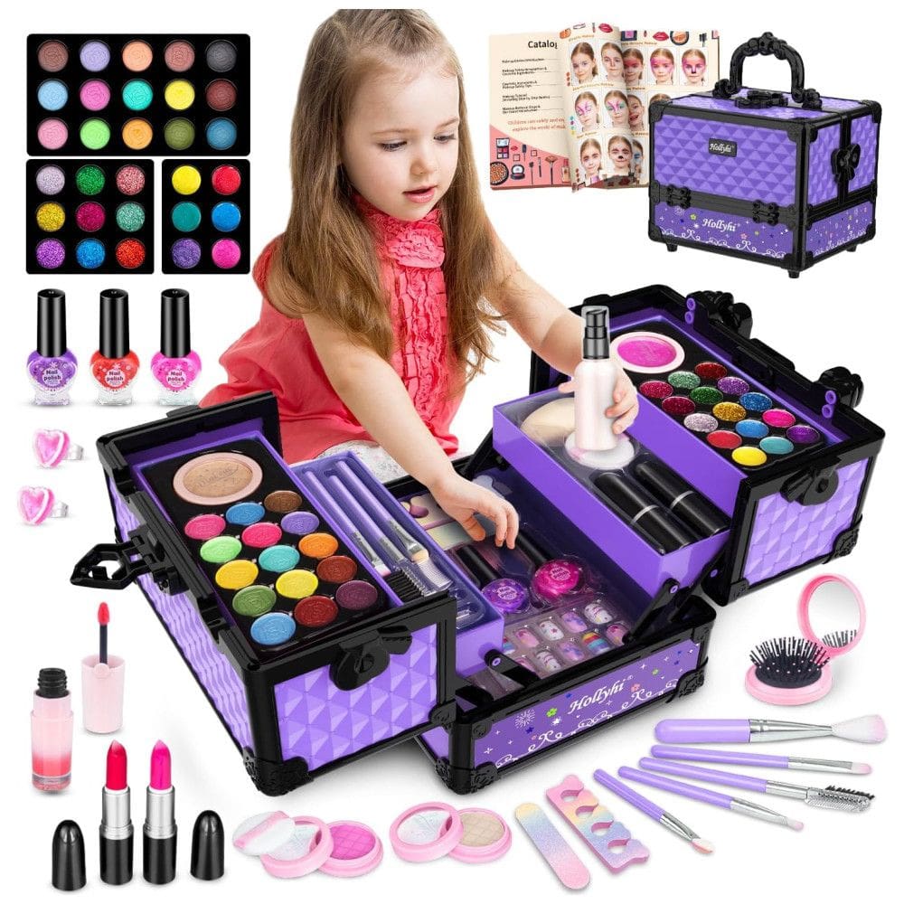Kit de Maquiagem Infantil com 62 Peças Laváveis e Estojo para Crianças de 3 a 12 Anos, Hollyhi, Roxo