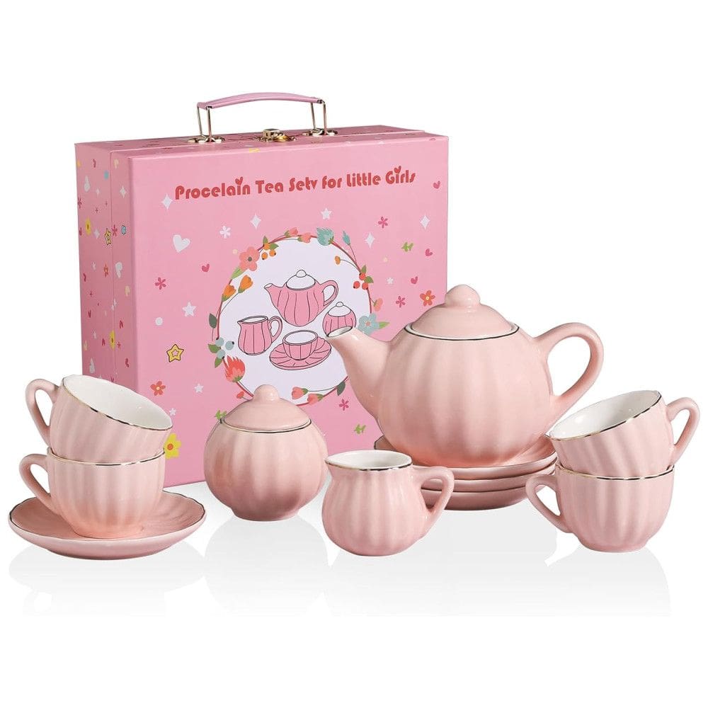 Jogo de Chá Infantil de Porcelana 11 Peças com Acessórios Moderno e Maleta de Transporte, Sweejar, Rosa