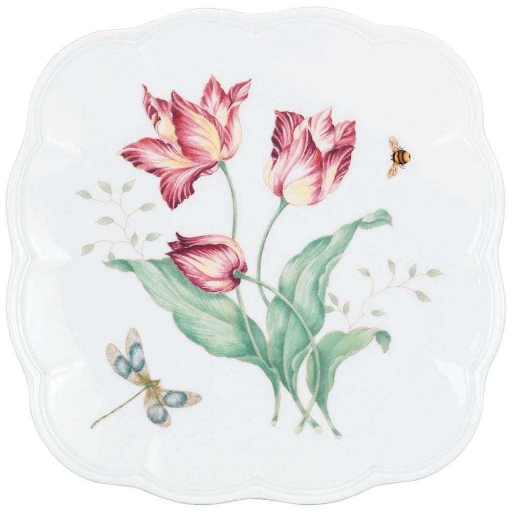 Prato Decorativo de 22 cm com Tema de Flores e Libélula, Formato Redondo e Material de Porcelana, LENOX, Branco Colorido
