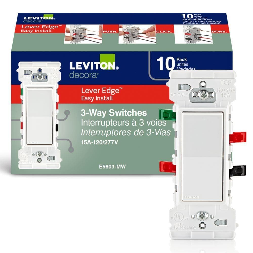 Rocker Switch Leviton Lever Edge 15 Amp, 3 vias, pacote com 10 unidades, branco