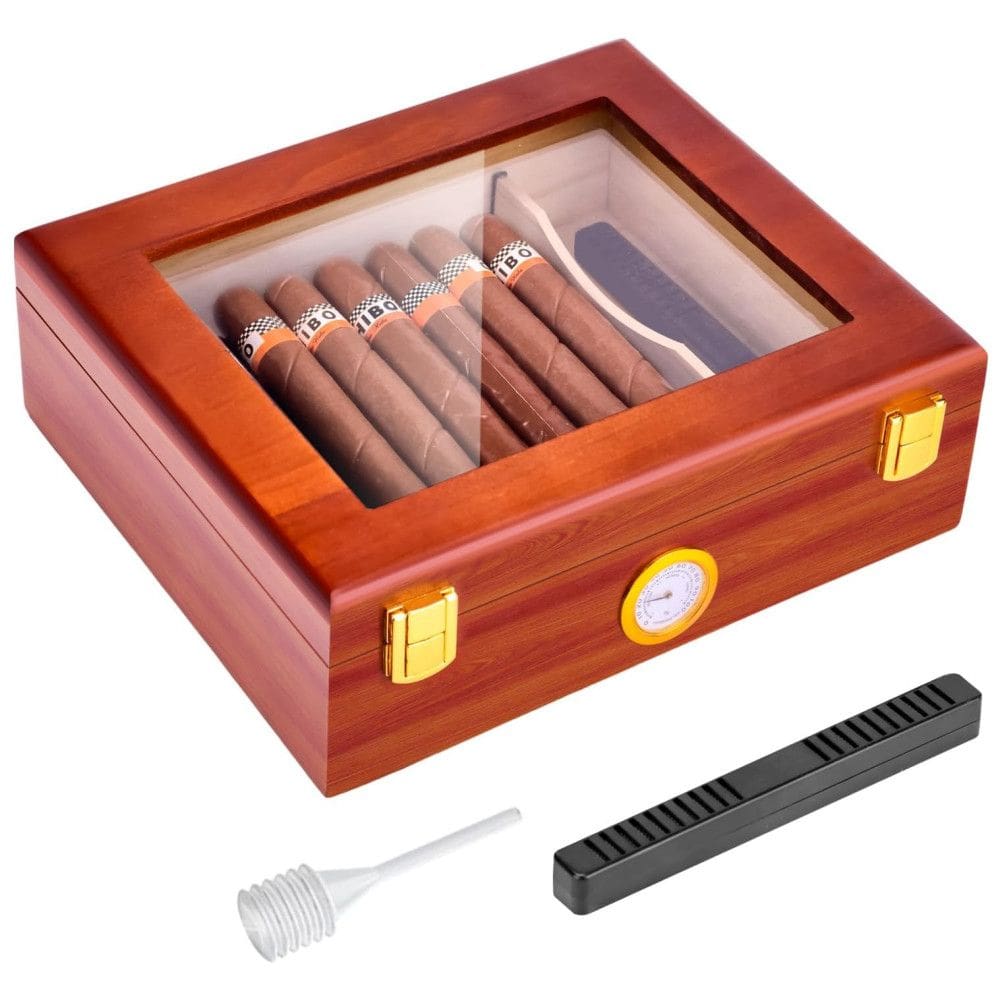 Umidor de Charutos de Mesa com Tampo de Vidro, Higrômetro, Umidificador e Divisória - Cedro Espanhol ,TireQuik