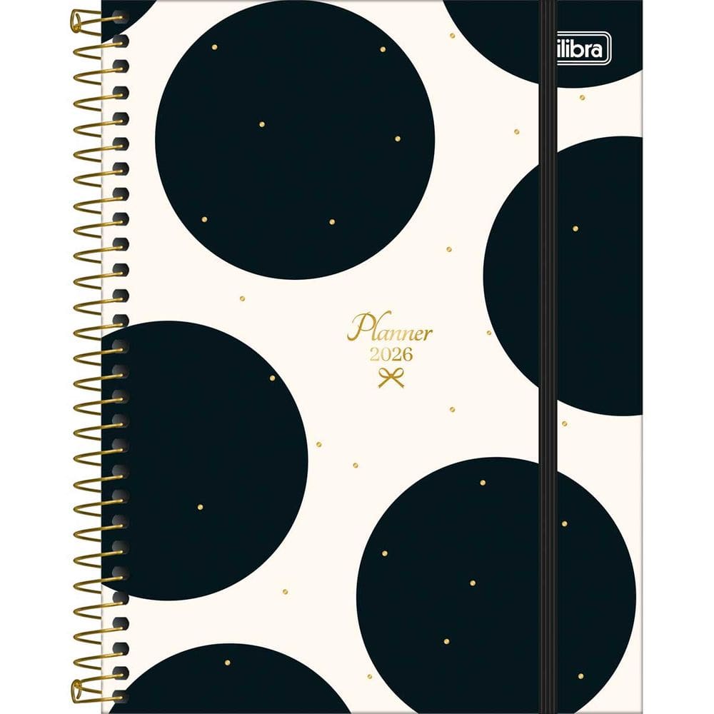 Tilibra - Planner Espiral 17,7 x 24 cm West Village 2026 - Fundo Branco e Bolas Pretas