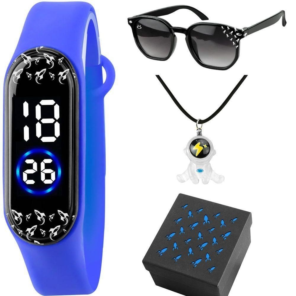 Relogio Infantil Azul Digital + Oculos Sol Menino Foguete Prova Dagua autêntico Garoto Social Acetato