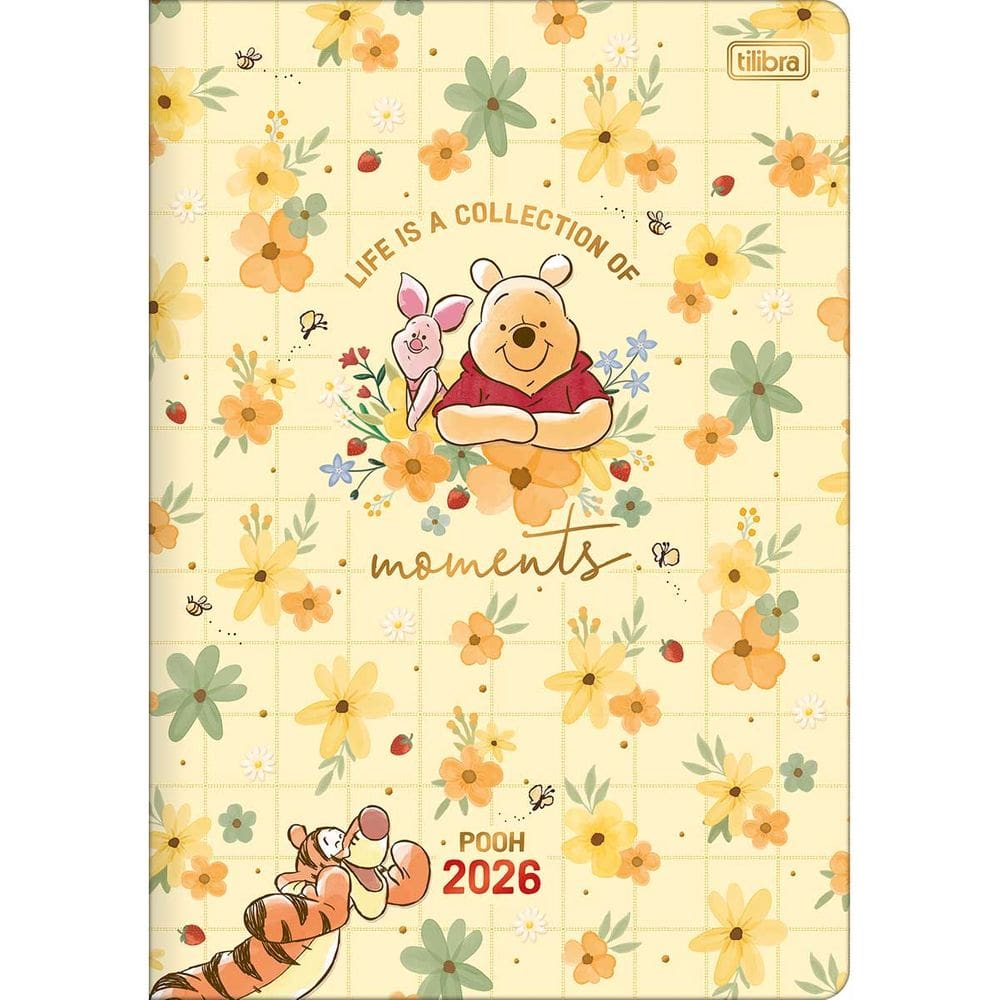 Tilibra - Planner Grampeado 17,8 x 25,4 cm Pooh 90 G 2026 - Amarela com Flores - Moments