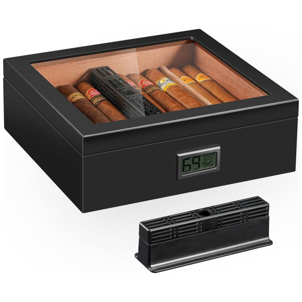 Umidor de Charutos Teplat, Artesanal em Cedro, Higrômetro Digital, Divisor Removível, Acabamento Preto, Tampa de 120mm.