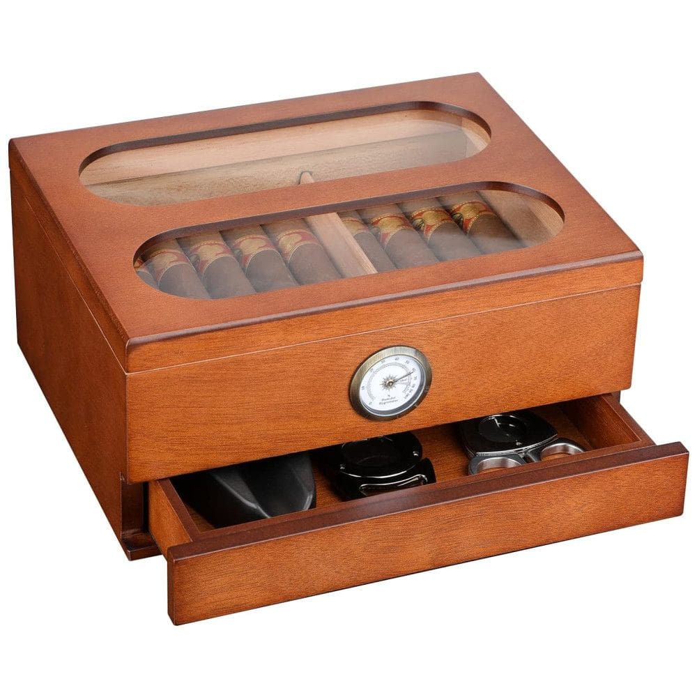 Umidor de Charutos Premium com Controle de Umidade COOL KNIGHT - Higrômetro Frontal, Umidificador e Gavetas de Acessórios em Vidro Temperado