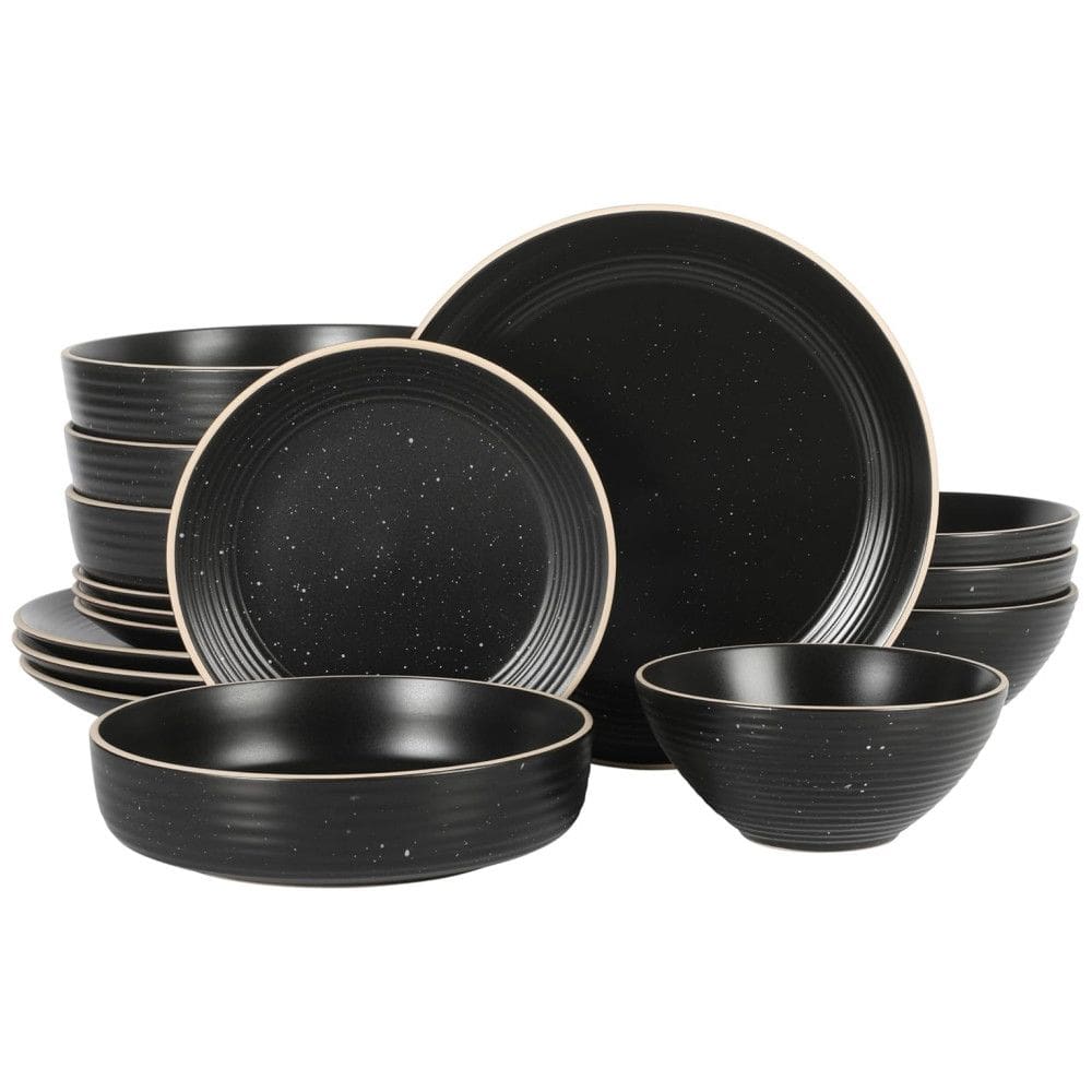 Aparelho de Jantar de Pedra de 16 Peças Gibson Home Dinah Bowl Duplo de Jantar com Relevo em Alto-Relevo Preto Fosco - Serviço para 4