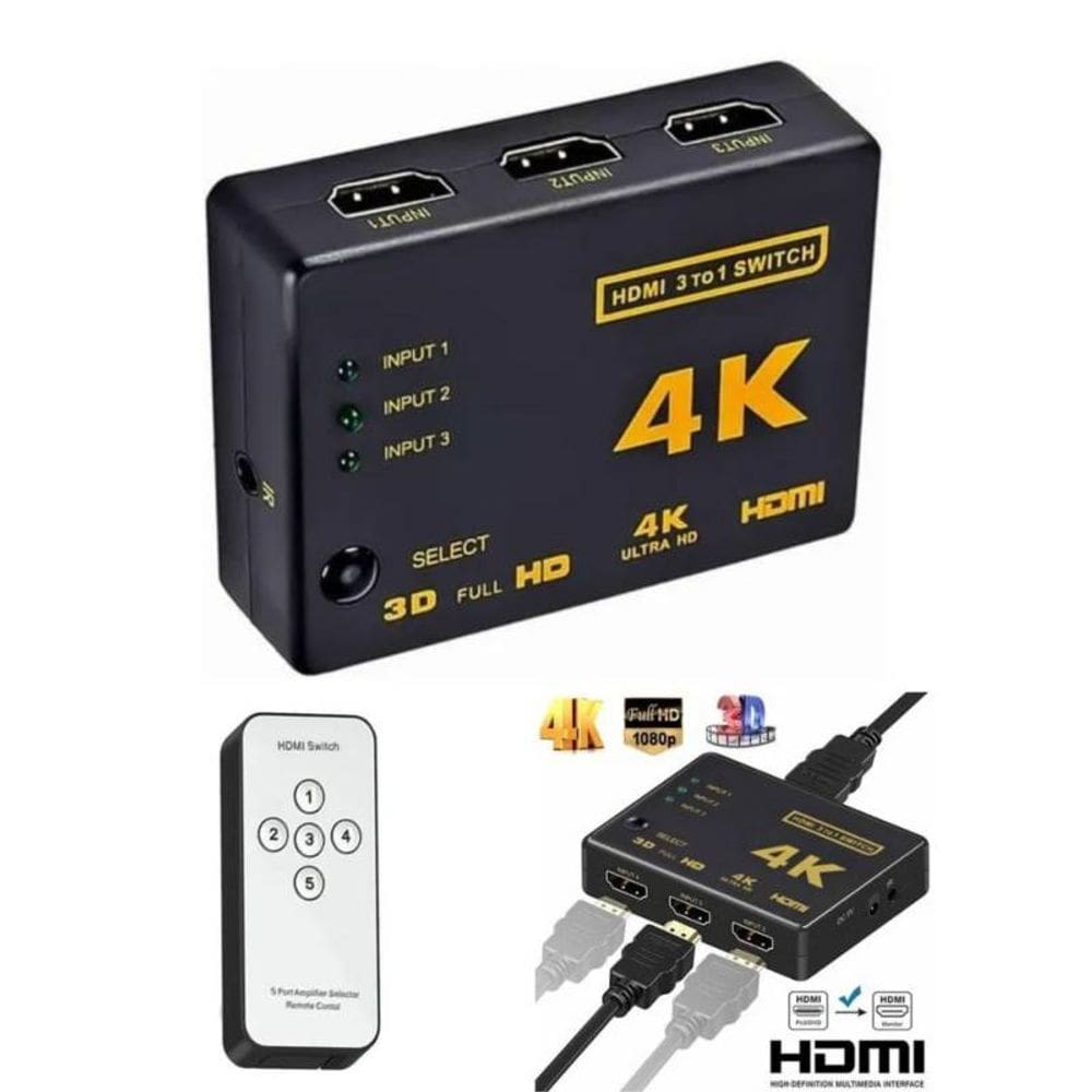 Divisor de vídeo HDMI 4K 3x1 Full HD com controle remoto