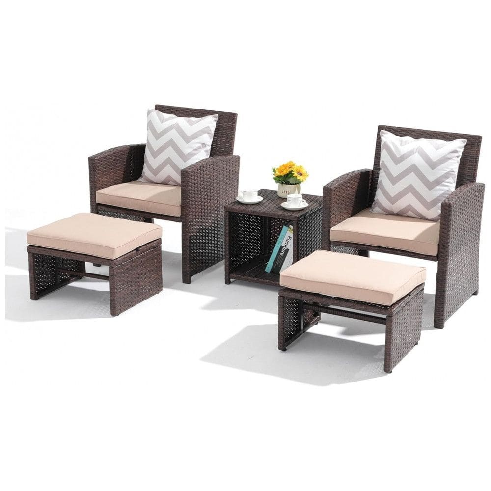 Conjunto de Conversação para Varanda OC OrangeCasual 5 Peças com Almofadas, Cadeira de Vime Marrom com Otomano, Mesa de Armazenamento para
