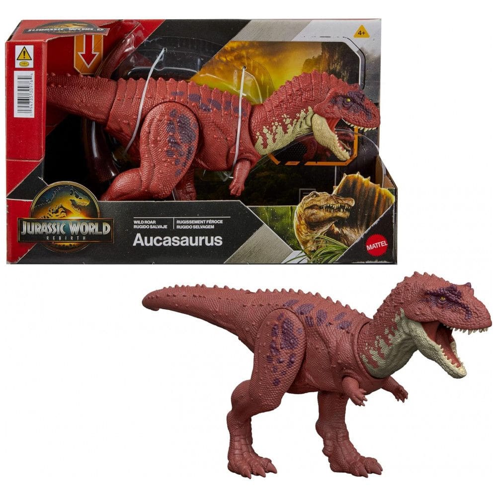 Brinquedo de Dinossauro Mattel Jurassic World Rebirth Wild Roar, Aucasaurus com Mordida Controlada pela Cauda, Ataque Multidirecional