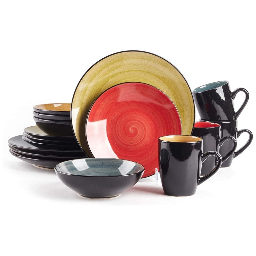 Aparelho de Jantar de 16 Peças Stoneware Sonoma, Lavagem Especial em Preto com Pontos, Cores Misturadas Azul, Verde, Vermelho