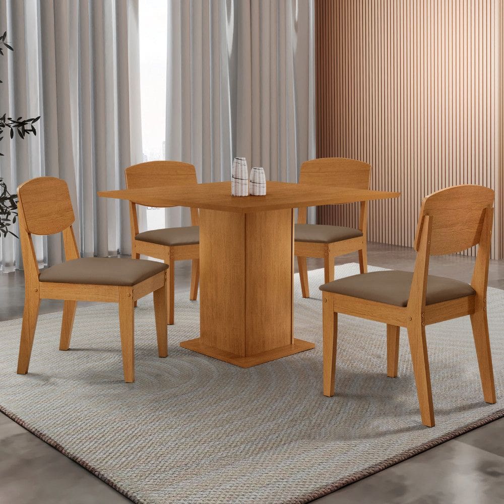 Mesa de Jantar Loren 90cm Tampo MDF Canto Reto e 4 Cadeiras Copper Moderna Mobilia