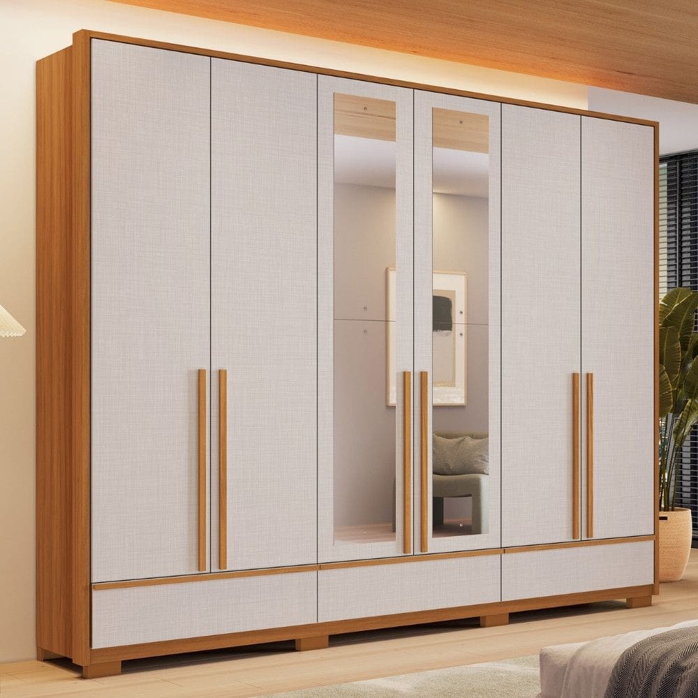 Guarda Roupa Casal com Espelho 6 Portas 3 Gavetas e Pes Em MDF NT6035E Notavel Moveis