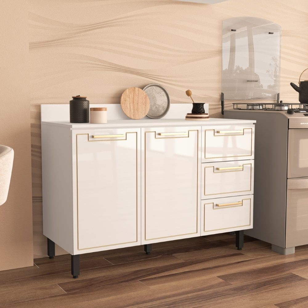 Balcão de Cozinha 120cm 2 portas 3 gavetas Com Tampo Amara Branco Politorno Móveis