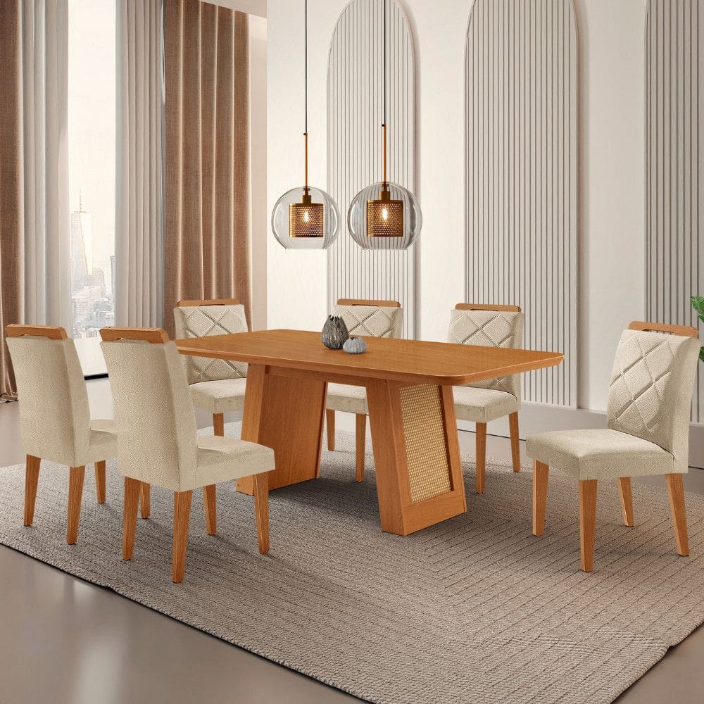 Mesa de Jantar Carolina Tampo 180cm MDF Canto Copo e 6 Cadeiras Melissa Moderna Mobilia