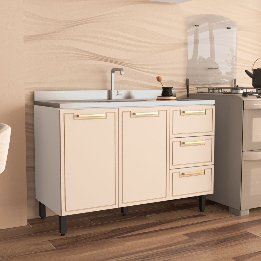 Balcão para Pia 120cm 2 portas 3 gavetas Amara Branco Creme Politorno Móveis